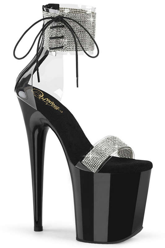 Black & Clear 8" Rhinestone Lace up Ankle Strap Sandal