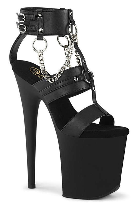Black Faux Leather 8" Heel Triple Band Sandal