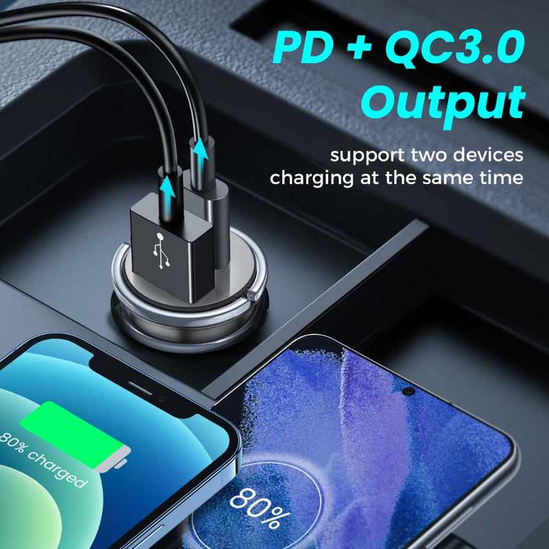 JOYROOM 45W Mini Dual-Port Fast Car Charger (PD + QC 3.0) with Ring Pull