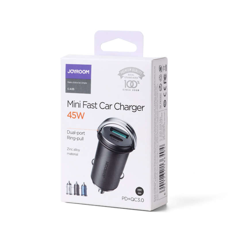 JOYROOM 45W Mini Dual-Port Fast Car Charger (PD + QC 3.0) with Ring Pull