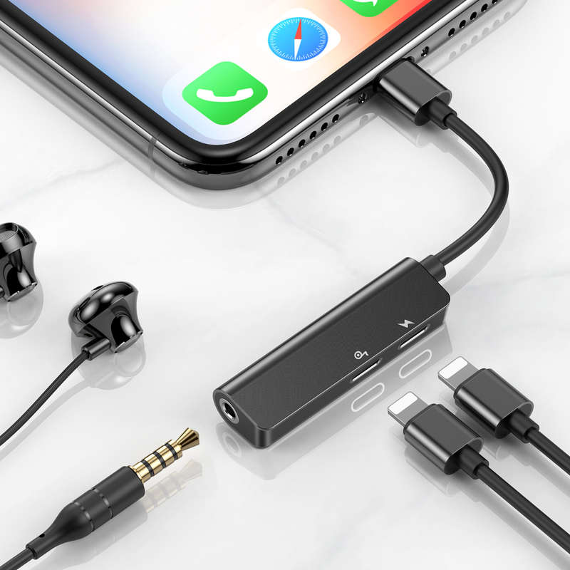BASEUS L52 3-in-1 Male iOS to Dual iOS and 3.5mm Female Audio and Charge Adapter