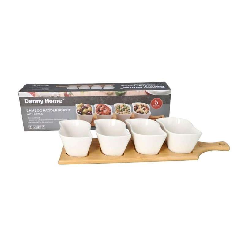 Danny Home Bamboo Paddle Board Ceramic Bowls Serveware Set 5Pcs 40Cm