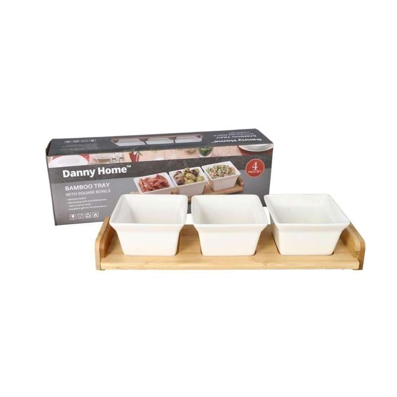 Danny Home Bamboo Tray Ceramic Bowls Serveware Set 4Pcs 35Cm