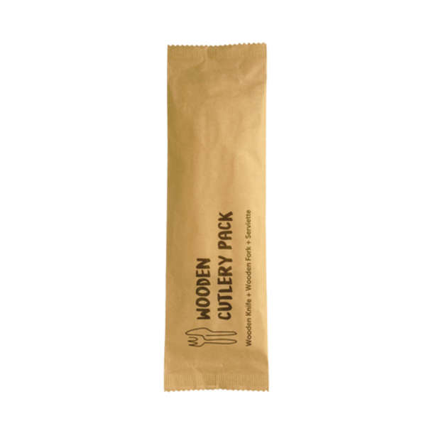 Wooden Knife/Fork/Serviette Set in Sealed Paper - Pack Of 50