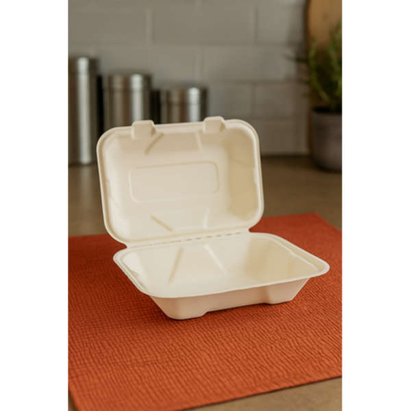 900ml Single Compartment Sugarcane Square Clamshell - Pack Of 50