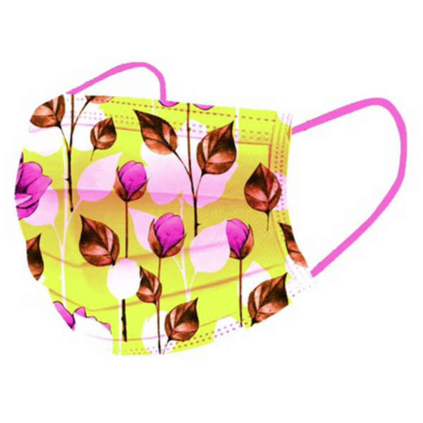 Face Mask - 3Ply Adults Disposable Flower Mask - Yellow & Pink (50)