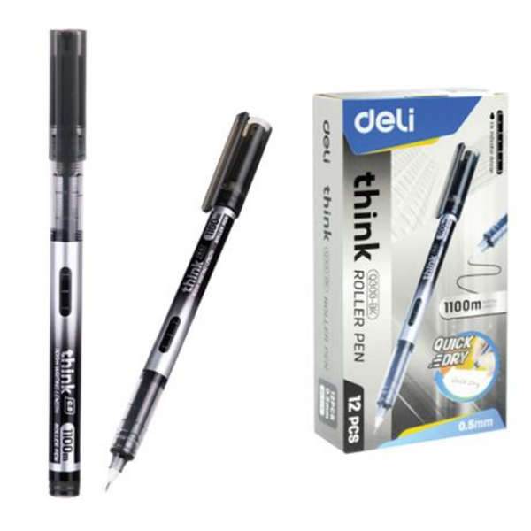 Deli Think 0.5mm Black Ink Rollerball Quick Dry Pen - Q300-BK - Set of 12