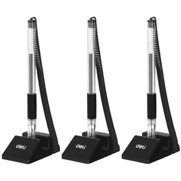Deli Desk Pen Stand With Black Gel Pen With TPR Soft Grip - Set of 3 - 6791