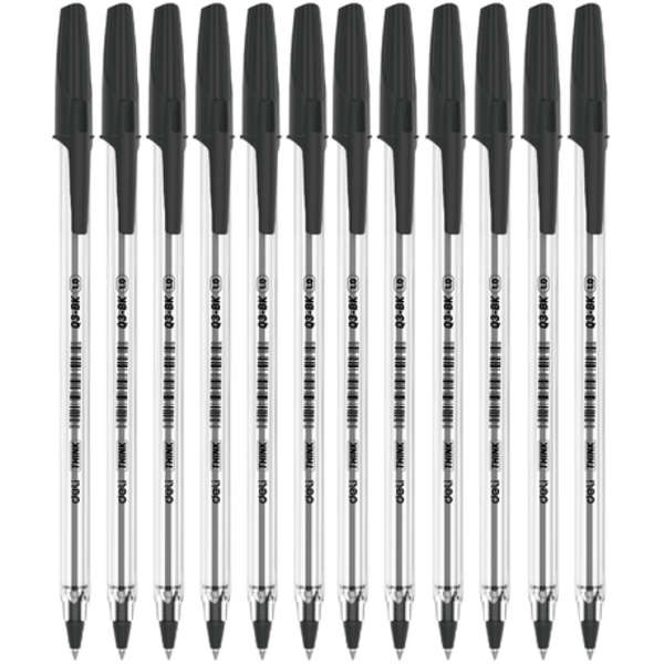 DELI Think Ball Point Bullet Tip Pen 1mm - Black - Set of 12 - Q3-BK