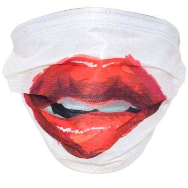 Face Mask - 3Ply Disposable Premium Mask White &amp; Red Biting Lips - 10's