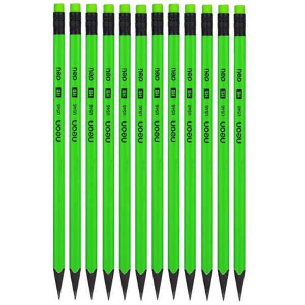 Deli Pack Of 12 HB Neon Pencil With Eraser Set - U54600