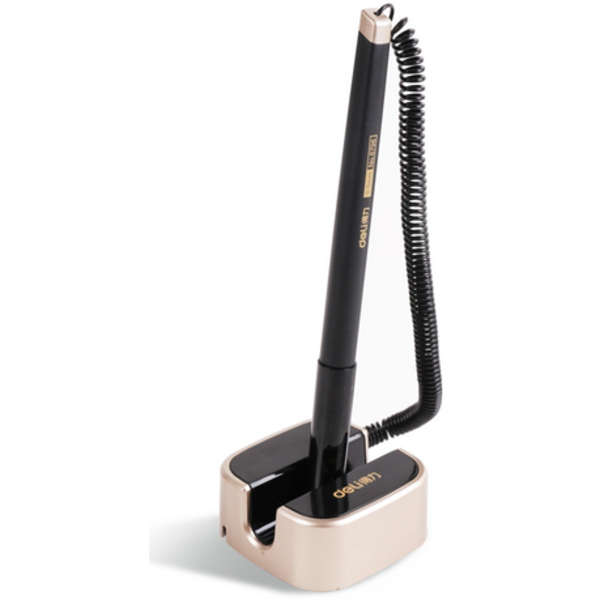 Deli Desk Pen Stand With Gold Base &amp; 0.7 mm Thick Black Gel Pen - 6797