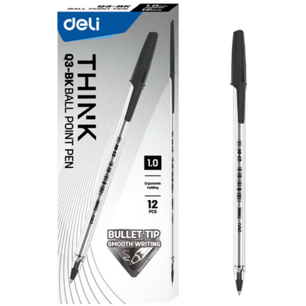 DELI Think Ball Point Bullet Tip Pen 1mm - Black - Set of 12 - Q3-BK