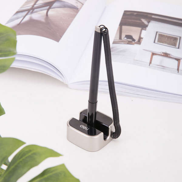 Deli Desk Pen Stand With Gold Base &amp; 0.7 mm Thick Black Gel Pen - 6797
