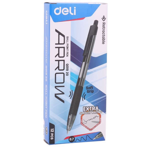 DELI Arrow Ball Point Retractable Pen 0.7mm - Black - Set of 12 - Q01920