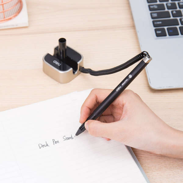 Deli Desk Pen Stand With Gold Base &amp; 0.7 mm Thick Black Gel Pen - 6797