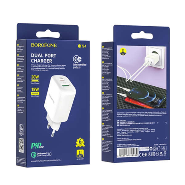 Borofone PD 20W Dual Port USB &amp; Type-C EU Fast Charging Adapter - BN4