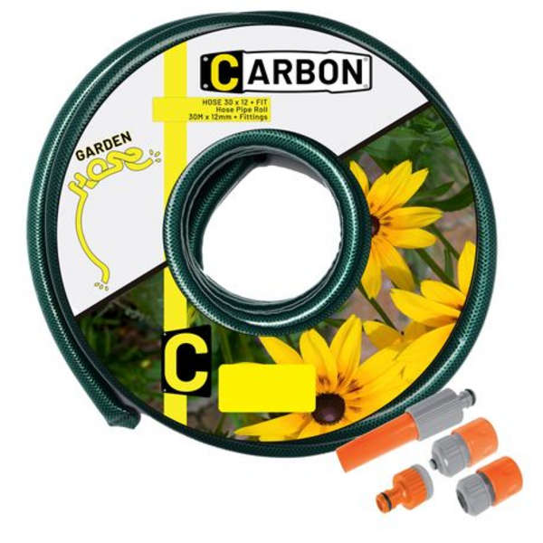Carbon 30m x 12mm Green Garden Hose With 4 Fittings