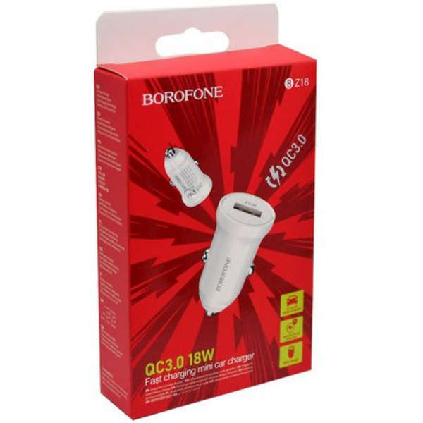 Borofone 18W Fast Charging Single USB Port In-Car Charger - BZ18 - White