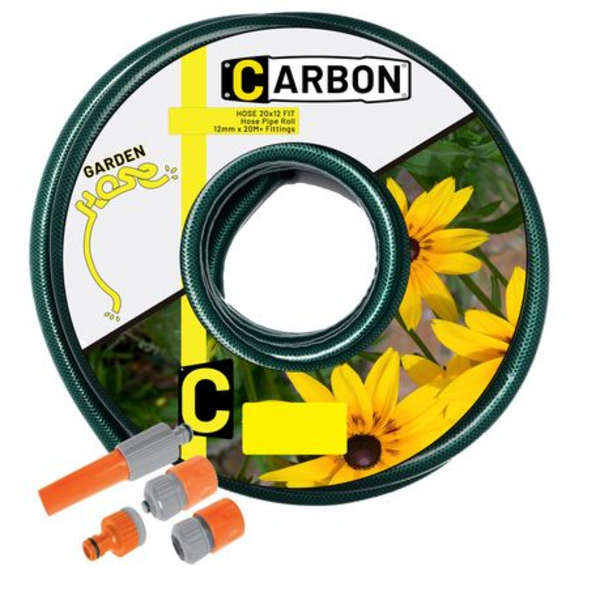 Carbon 20m x 12mm High Density Green Garden Hose Pipe Roll With 4 Fittings