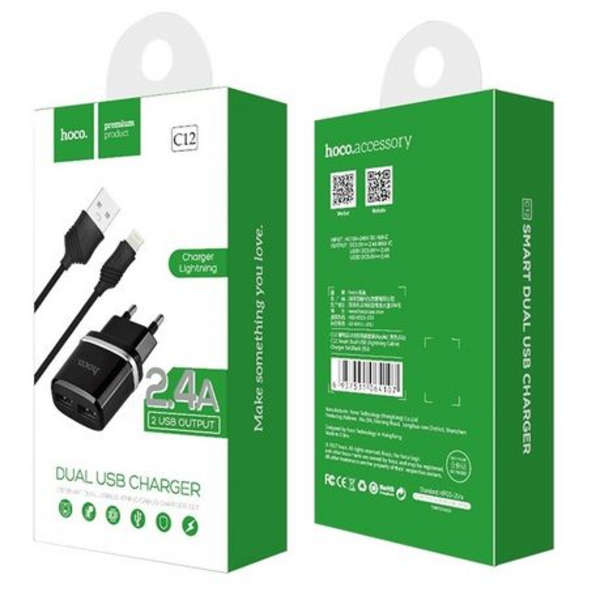 Hoco Dual USB Lightning Wall Charger - C12 Black