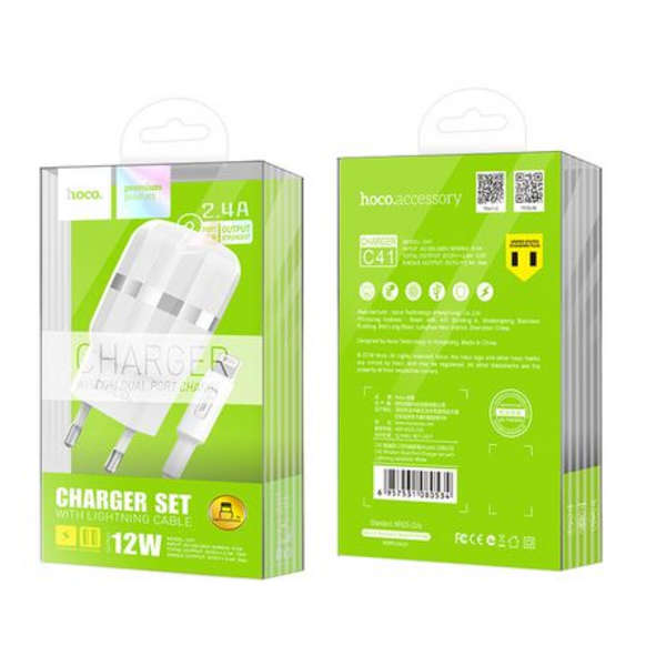 Hoco Fast Charge 2.4a 2 Port USB Charger Set With Type-C Cable - C41A White