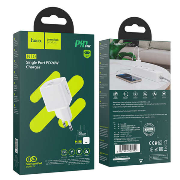 Hoco Single Port PD 20W EU Fast Charging Adapter - N10