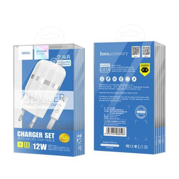 Hoco Fast Charge 2.4A 12w Dual Port Charger With Micro USB Cable - C41A