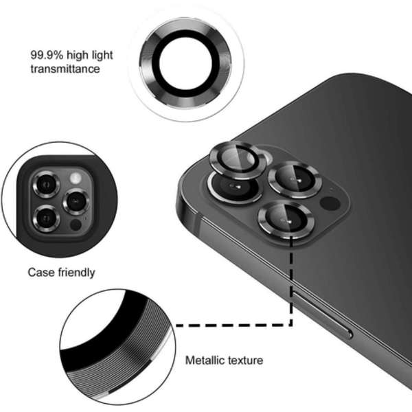 iPhone 13 Pro Metal Ring Camera Lens Tempered Glass Protector - Black