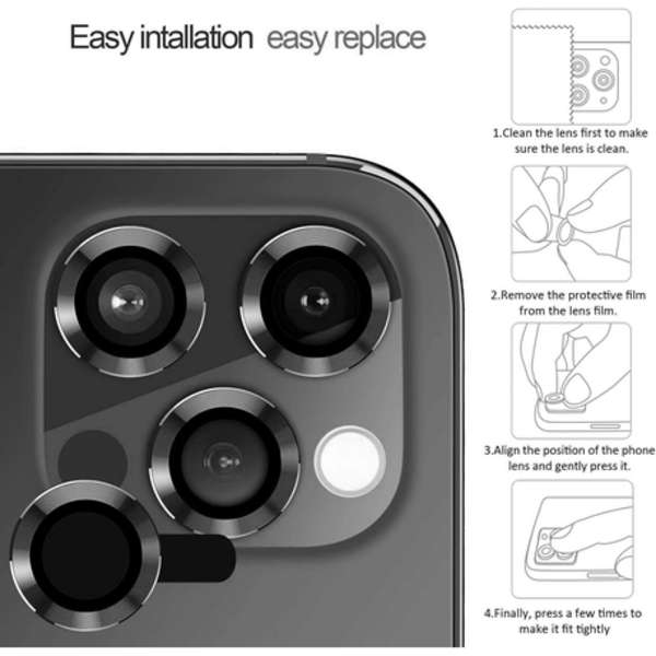 iPhone 13 Pro Metal Ring Camera Lens Tempered Glass Protector - Black