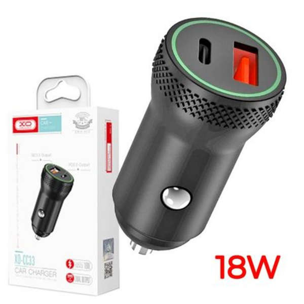 XO Dual Output 18W Car Charger USB QC 3.0 + Type-C PD - Metal Alloy - CC33
