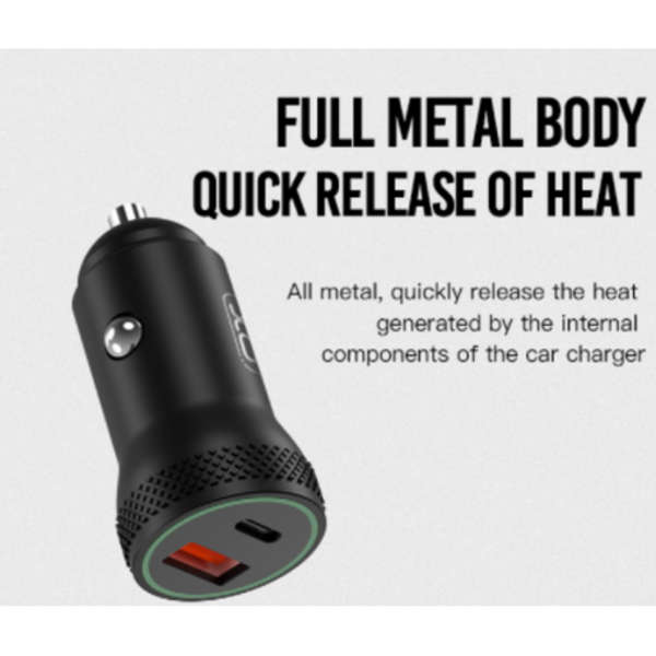 XO Dual Output 18W Car Charger USB QC 3.0 + Type-C PD - Metal Alloy - CC33