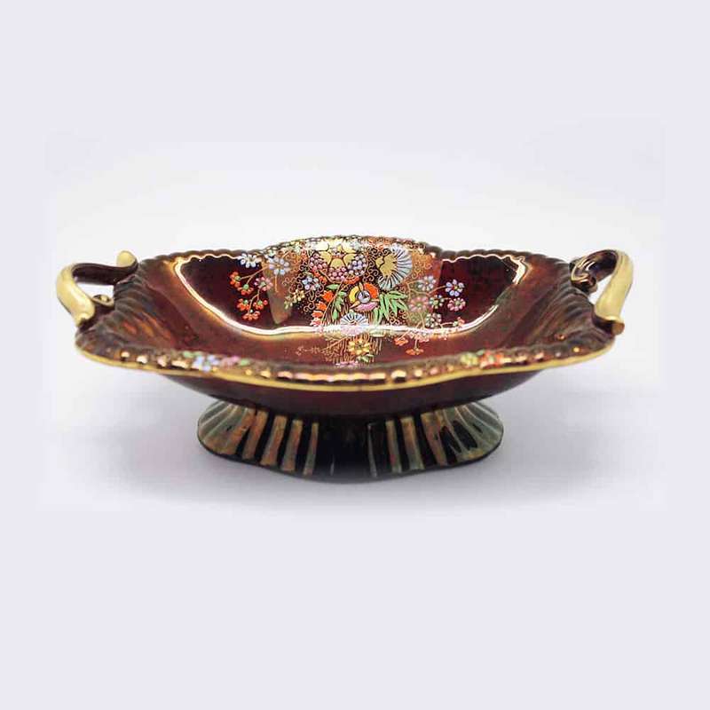 Crown Devon Dark Red Standing Bowl With Enamel Floral Decoration