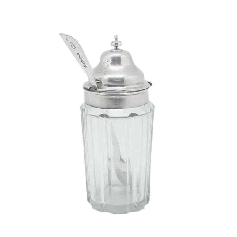 English Hallmarked Silver & Cut Glass Mustard Pot & Spoon Sheffield 1836