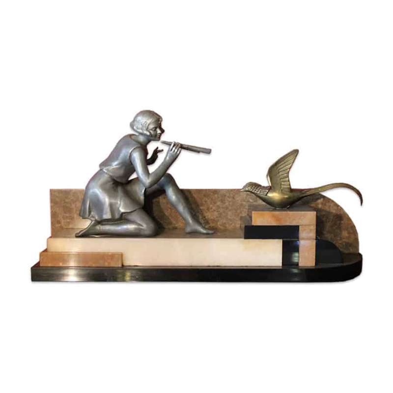 French Art Deco Lady & Bird Figurine on Onyx Base
