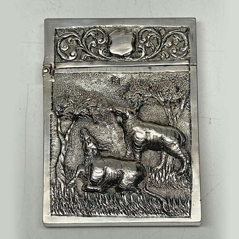 Indian Silver Card Case Animals In Relief