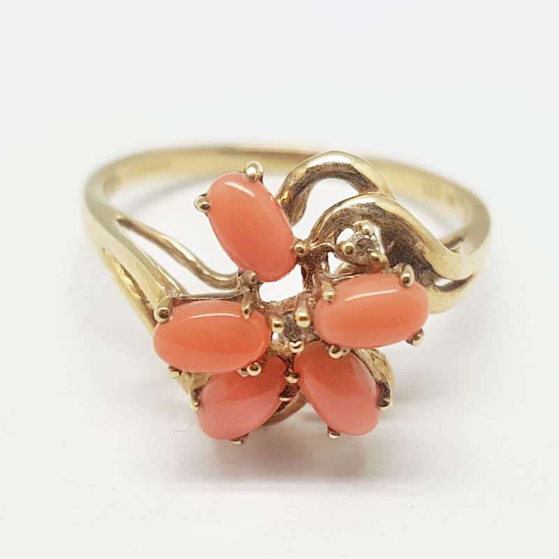9ct Gold Daisy Coral and Diamond Ring