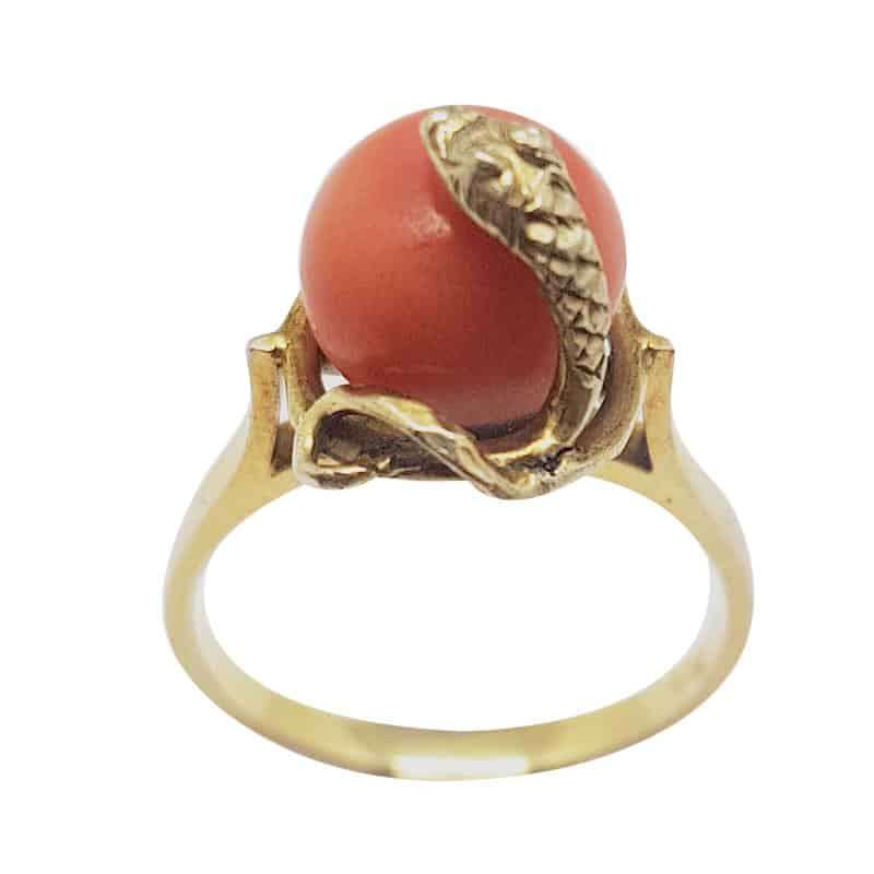 9ct Gold and Coral Snake Ring