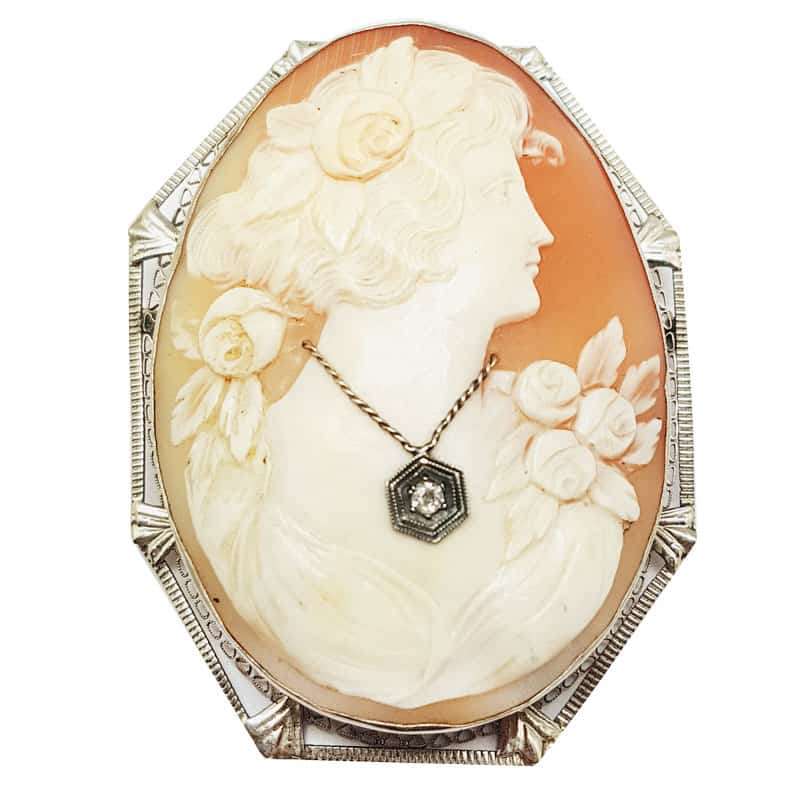 Art Deco Cameo  Platinum Diamond Necklace