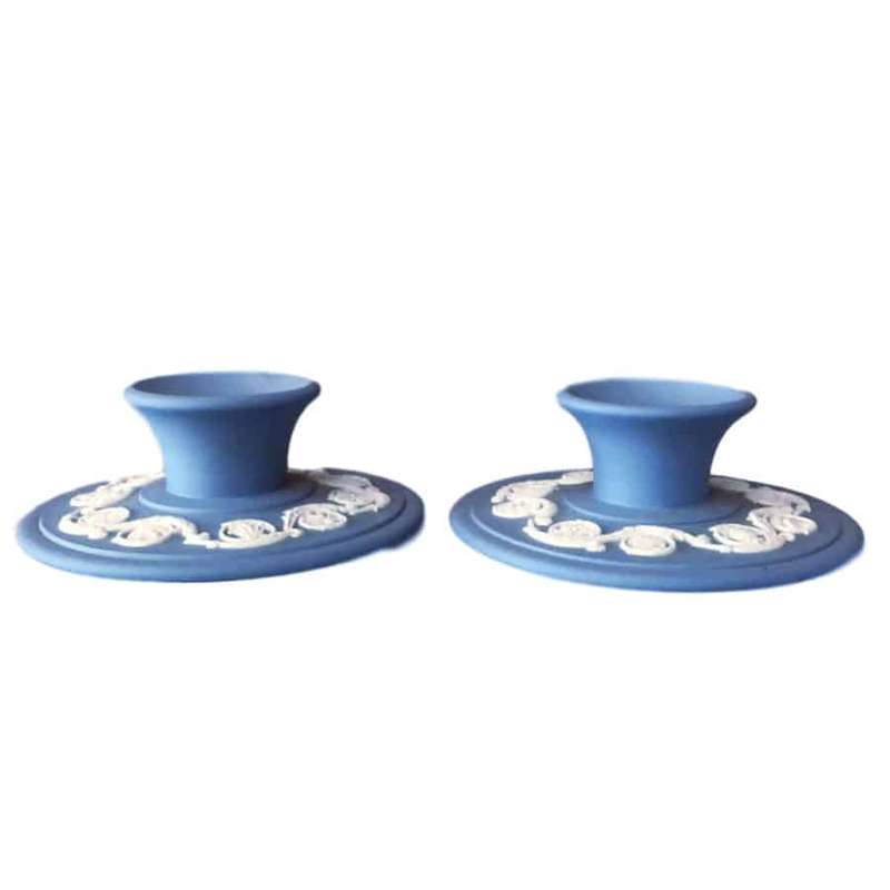 Wedgwood Jasper Ware Pair Candlesticks  On Light Blue
