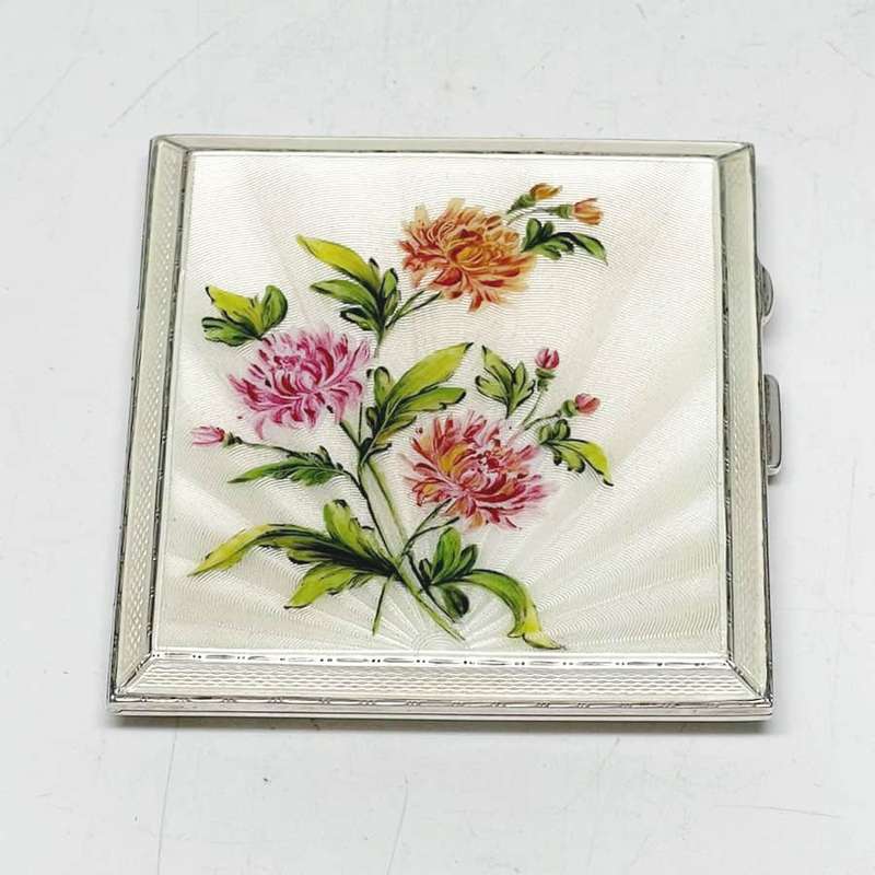Hallmarked Silver And Floral Enamel Cigarette Case Birm 1961