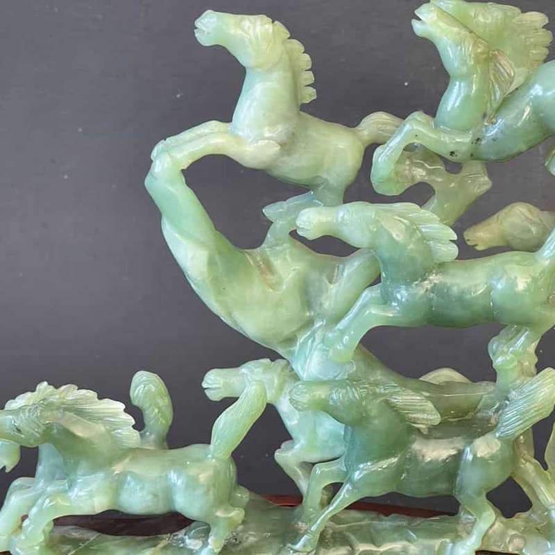 Natural Green Jade 12 Horse Statue On Stand