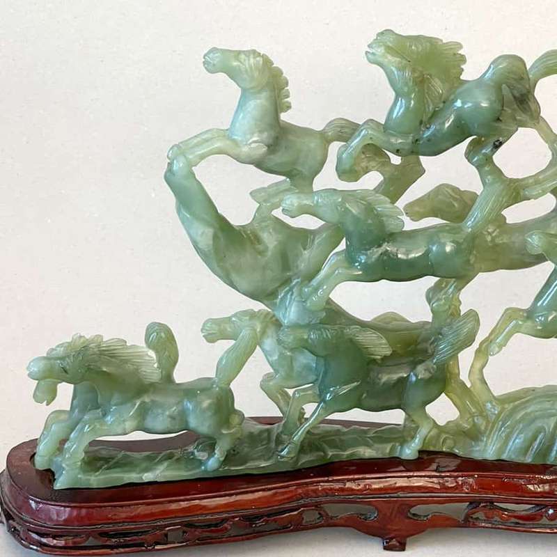 Natural Green Jade 12 Horse Statue On Stand