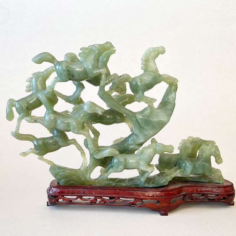 Natural Green Jade 12 Horse Statue On Stand