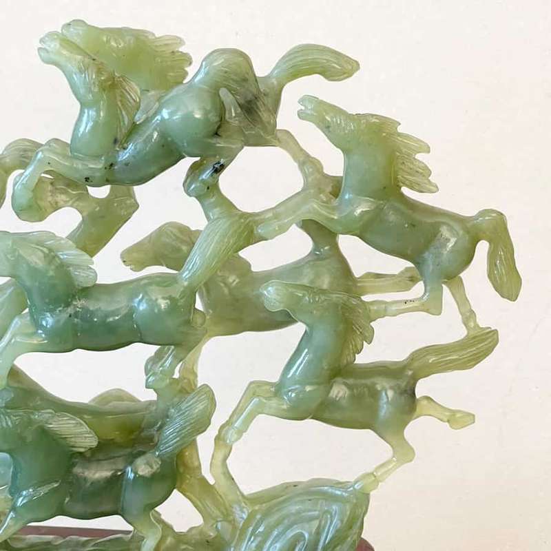 Natural Green Jade 12 Horse Statue On Stand