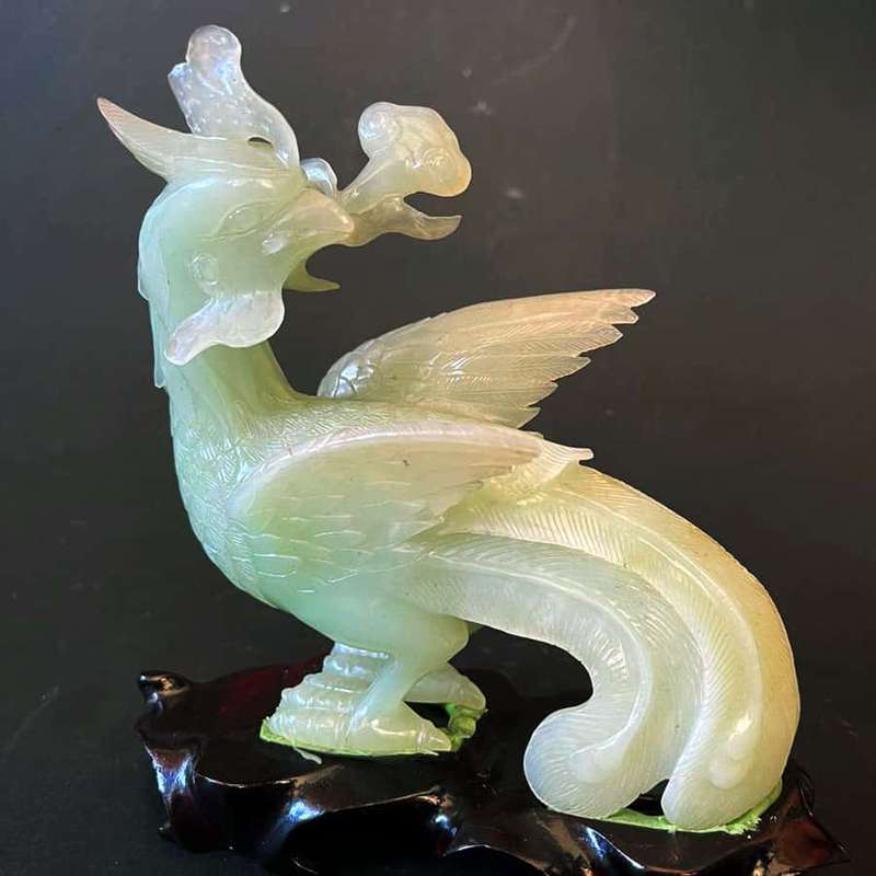 Natural Jade Chinese Phoenix Fenghaun Flower Statue