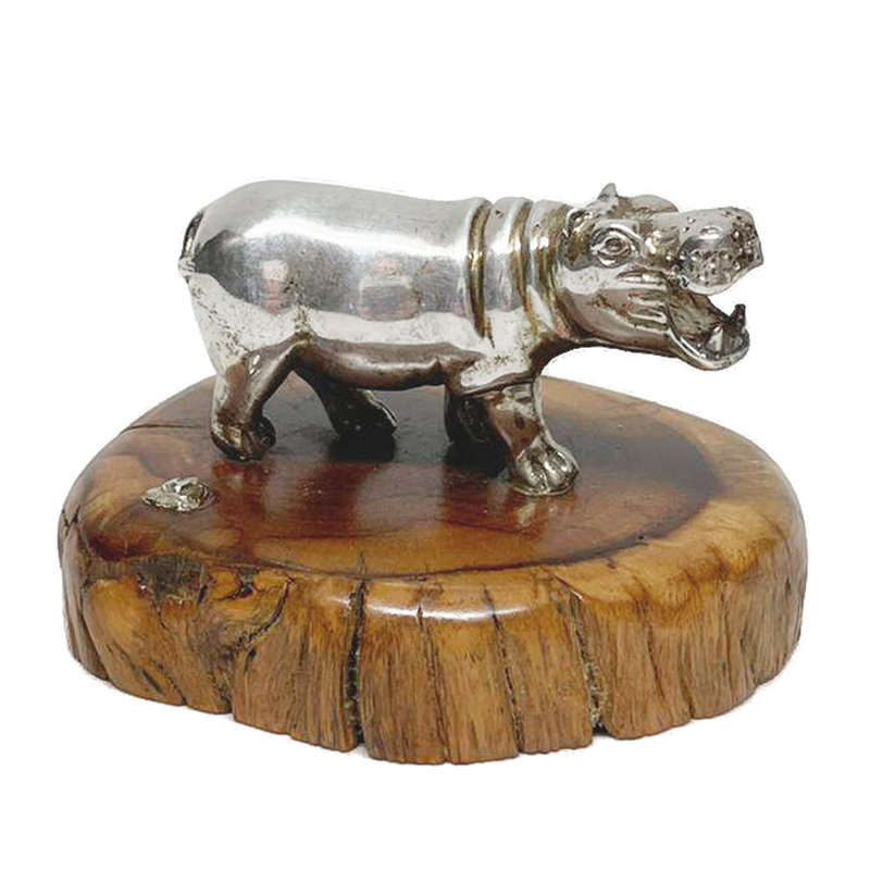 Allen Hallett Silver Hippopotamus On Camphor Wood