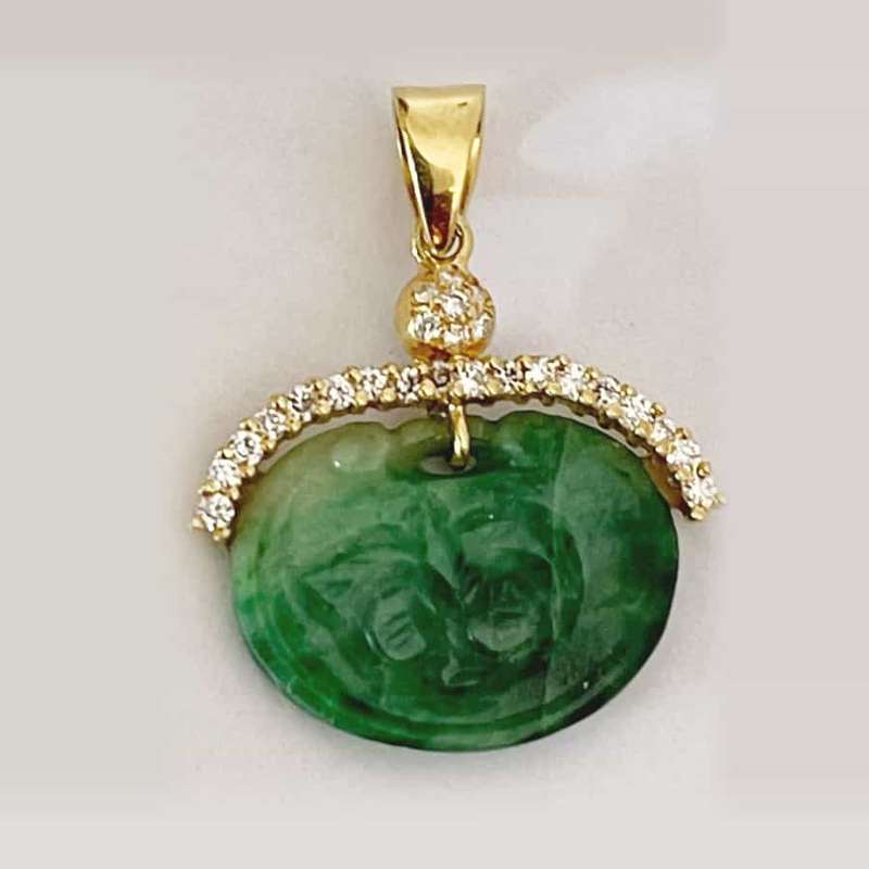 Chinese 14Ct Gold  Jade and Diamonds Pendant
