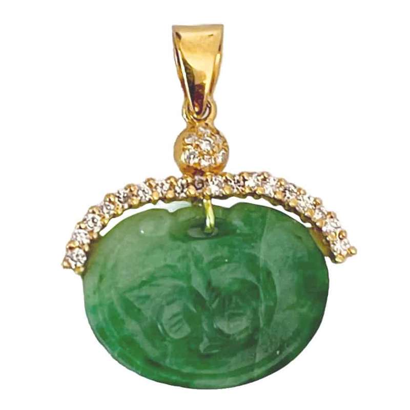 Chinese 14Ct Gold  Jade and Diamonds Pendant