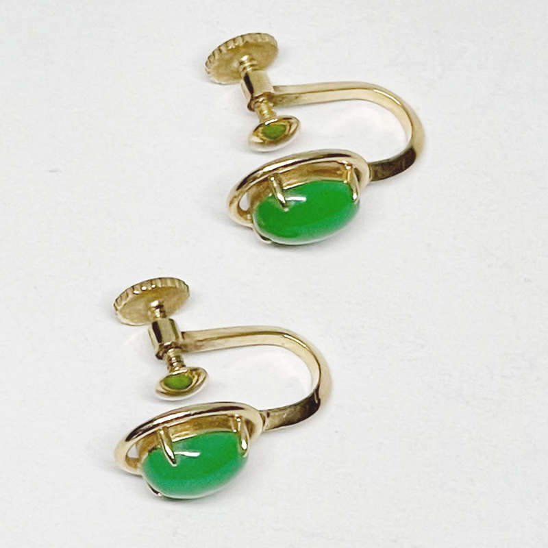 Chinese Jade Pair Earrings  Set in 14ct Gold